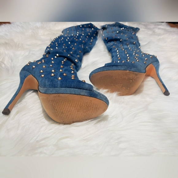 Liliana Studded Spike Denim Slouchy Over-The-Knee Boots Size 7.5 - Picture 4 of 5